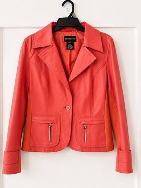 Metrostyle Coral Genuine Leather Jacket Women’s Size 14 Statement Moto Blazer‎
